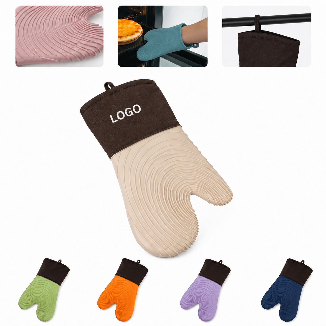 Wave-Pattern Silicone Thermal Mitt with Fabric Cuff