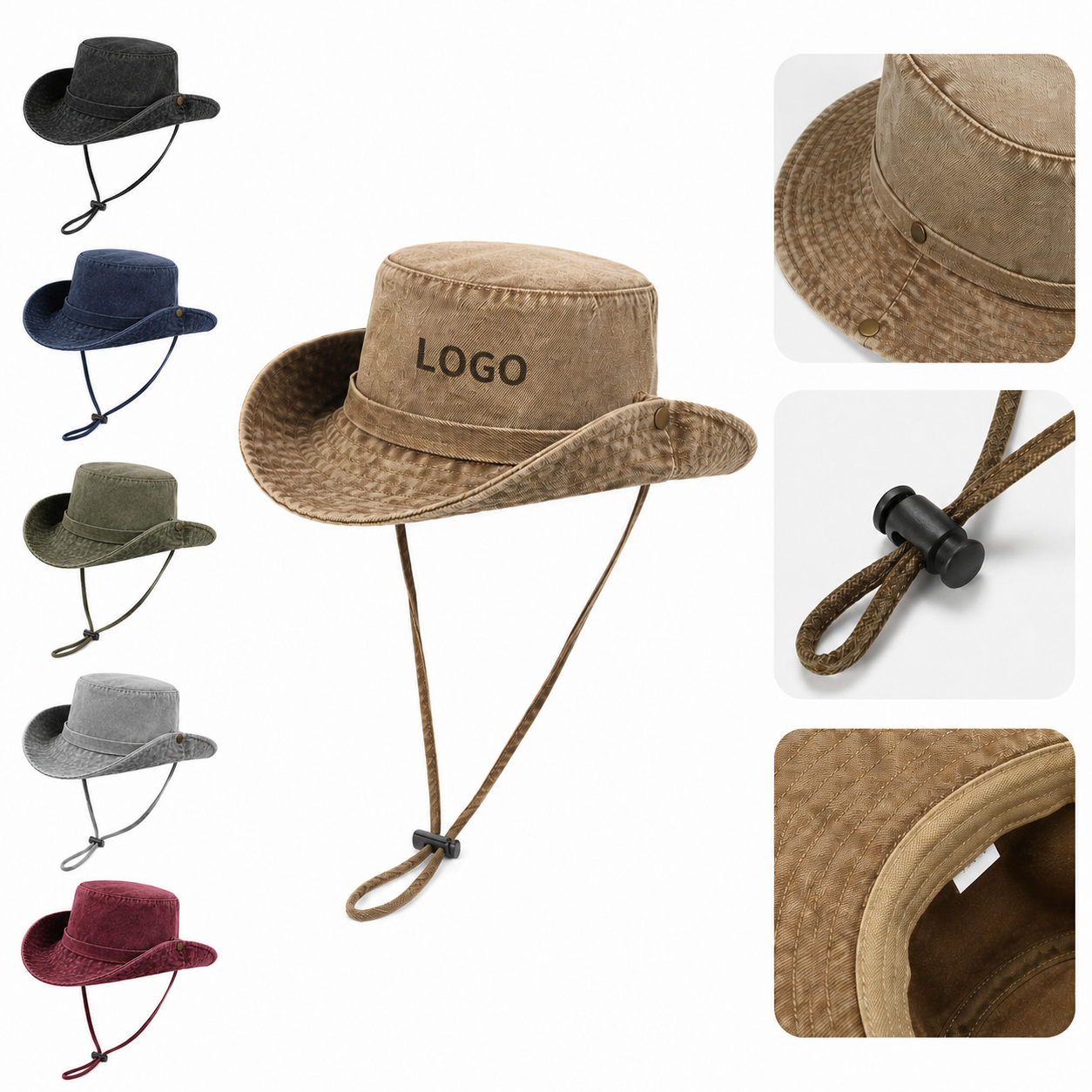 Washed Cotton Denim Safari Hat with Adjustable Toggle Cord