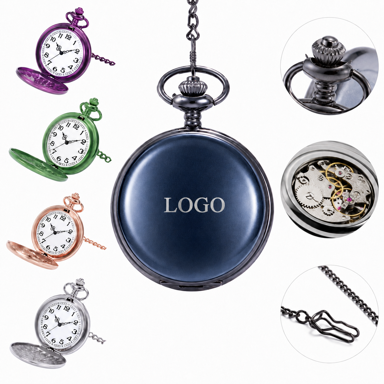 Classic Circular Hand-Wound Pocket Watch with Matching Removable Chain