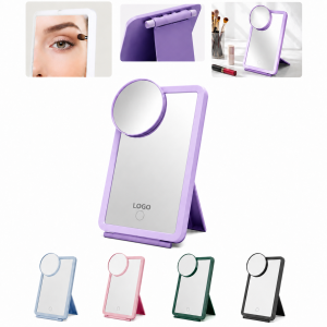 Compact Illuminated Foldable Vanity Mirror with Magnifying Attachment